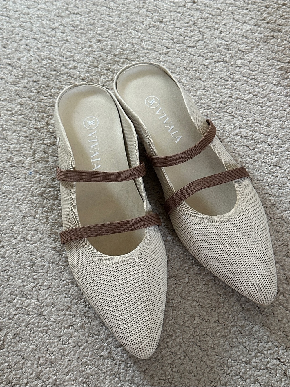 VIVAIA Beige Pointed-Toe Slip-On Flats with Brown Straps